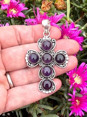 Large Natural Amethyst Silver 2.4” Cross Pendant#AP53016